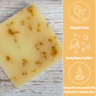 A photo of a Laneside Soap Company grapefruit & calendula soap bar alongside some text that says "Plastic Free" "Luxurious Lather" and "Grapefruit Essential Oil, Calendula & Kaolin Clay"