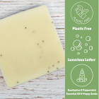 A photo of a Laneside Soap Company mint & eucalyptus soap bar alongside some text that says "Plastic Free" "Luxurious Lather" and "Eucalyptus & Peppermint Essential Oil & Poppy Seeds"