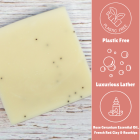 A photo of a Laneside Soap Company rose & geranium soap bar alongside some text that says "Plastic Free" "Luxurious Lather" and "Rose Geranium essential oil, French Red Clay and Rosehips"