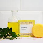 A Laneside Soap Company citrush fresh shampoo bar sat in slight in front of it's packaging, alongside some lemon essential oil in a glass bottle and some greenery for decoration